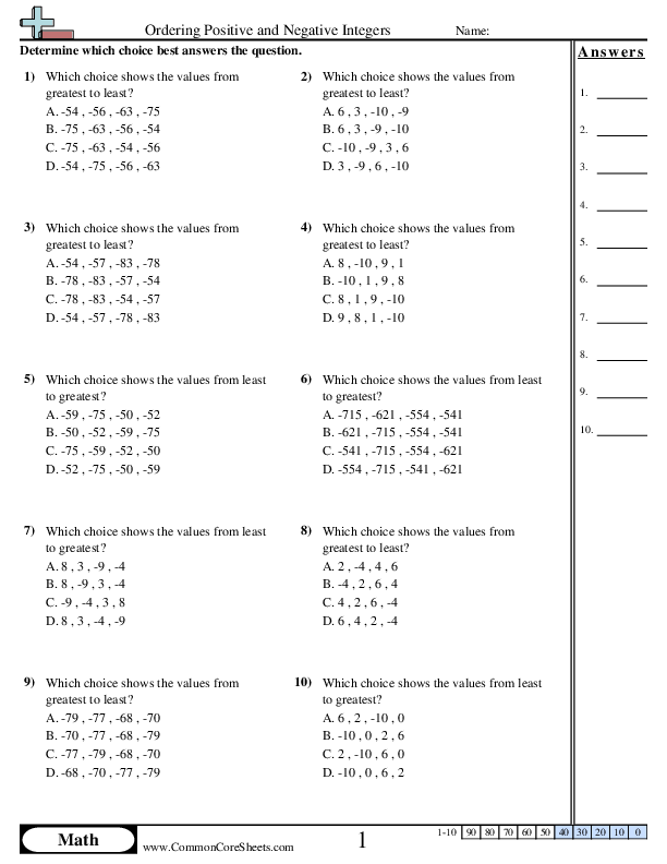 Negative Number Worksheets - Ordering Positive and Negative Integers (Multiple choice) worksheet